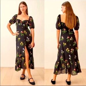 Reformation Black Floral Puff-Sleeve Maxi Dress